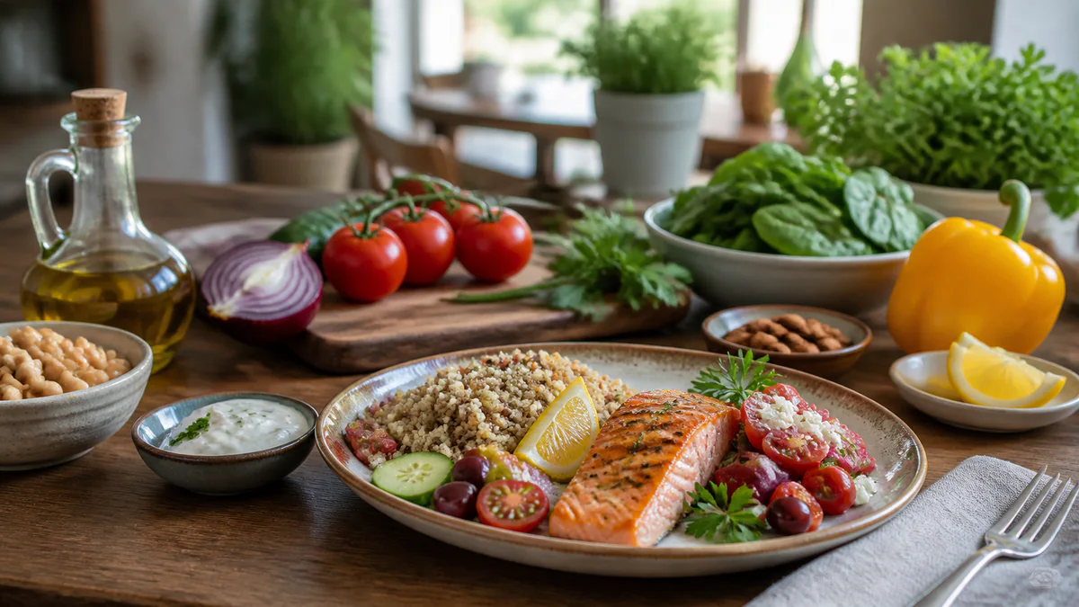 Mediterranean-style meal with vegetables, grains and healthy fats