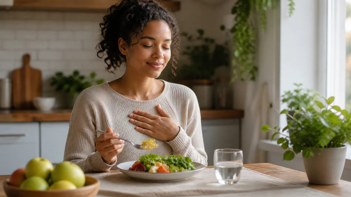 Person preparing a balanced meal while practicing mindful eating